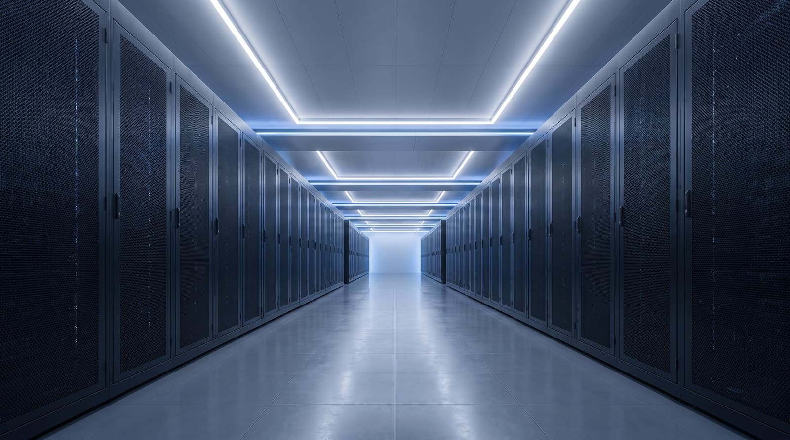 Aisle between two rows of closed, mesh-fronted server cabinets under recessed ceiling lighting